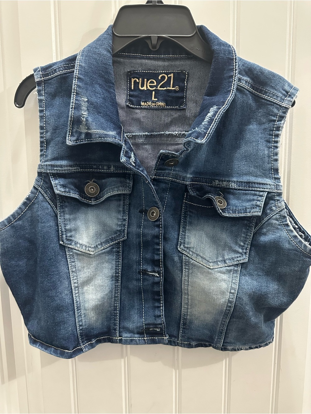 rue21 Distressed Denim Cropped Vest - Blue juniors large